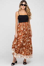 Camel Floral Button Front Maternity Maxi Skirt