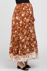 Camel Floral Button Front Maternity Maxi Skirt