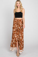 Camel Floral Button Front Maternity Maxi Skirt