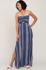 Navy Printed Keyhole Front Halter Neck Maxi Dress