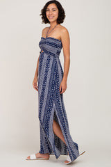 Navy Printed Keyhole Front Halter Neck Maxi Dress