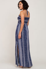 Navy Printed Keyhole Front Halter Neck Maxi Dress