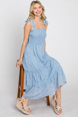 Blue Floral Sleeveless Smocked Tiered Midi Dress