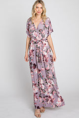 Lavender Floral Wrap Front Waist Tie Maternity Maxi Dress