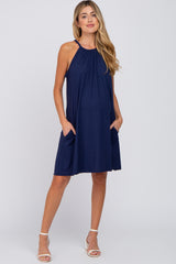 Navy Blue Halter Neck Maternity Swing Dress