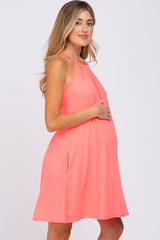 Coral Halter Neck Maternity Swing Dress