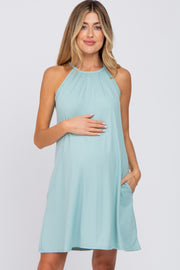 Light Olive Halter Neck Maternity Swing Dress