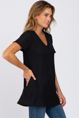 Black Textured V-Neck Top