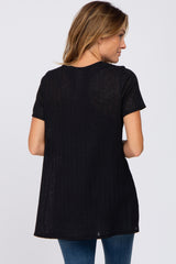 Black Textured V-Neck Top