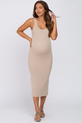 Taupe Knit Square Neck Maternity Midi Dress