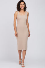 Taupe Knit Square Neck Maternity Midi Dress