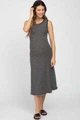 Black Striped Sleeveless Maternity Midi Dress