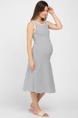 White Striped Sleeveless Maternity Midi Dress