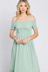 Mint Green Smocked Ruffle Off Shoulder Maxi Dress