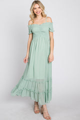 Mint Green Smocked Ruffle Off Shoulder Maxi Dress