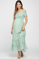 Mint Green Smocked Ruffle Off Shoulder Maternity Maxi Dress