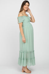 Mint Green Smocked Ruffle Off Shoulder Maternity Maxi Dress