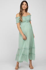 Mint Green Smocked Ruffle Off Shoulder Maternity Maxi Dress