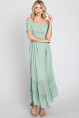 Mint Green Smocked Ruffle Off Shoulder Maxi Dress