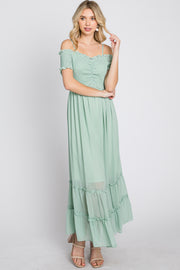 Mint Green Smocked Ruffle Off Shoulder Maxi Dress