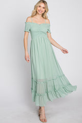 Mint Green Smocked Ruffle Off Shoulder Maxi Dress