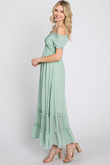 Mint Green Smocked Ruffle Off Shoulder Maxi Dress