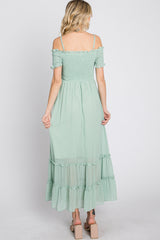 Mint Green Smocked Ruffle Off Shoulder Maxi Dress