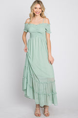 Mint Green Smocked Ruffle Off Shoulder Maxi Dress