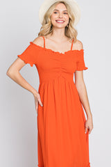 Orange Smocked Ruffle Off Shoulder Maxi Dress