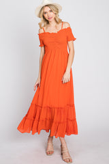 Orange Smocked Ruffle Off Shoulder Maxi Dress