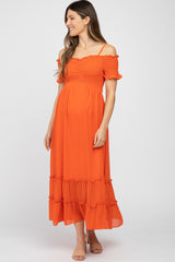 Orange Smocked Ruffle Off Shoulder Maternity Maxi Dress