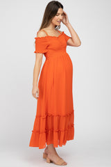 Orange Smocked Ruffle Off Shoulder Maternity Maxi Dress