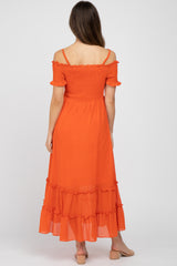 Orange Smocked Ruffle Off Shoulder Maternity Maxi Dress