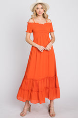 Orange Smocked Ruffle Off Shoulder Maxi Dress