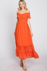 Orange Smocked Ruffle Off Shoulder Maxi Dress