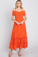 Orange Smocked Ruffle Off Shoulder Maxi Dress