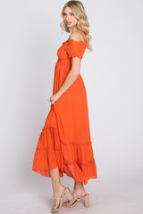 Orange Smocked Ruffle Off Shoulder Maxi Dress