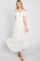 Cream Smocked Ruffle Off Shoulder Maxi Dress