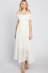 Cream Smocked Ruffle Off Shoulder Maxi Dress