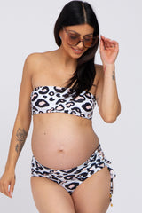 Beige Animal Print Strapless Lace Up Side Two-Piece Maternity Bikini Set