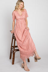 Light Pink Lace Short Sleeve Maxi Dress