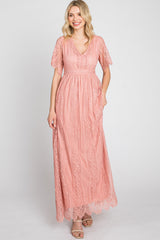 Light Pink Lace Short Sleeve Maxi Dress