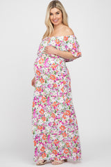 Fuchsia Floral Off Shoulder Maternity Maxi Dress