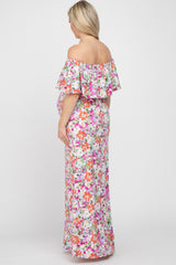 Fuchsia Floral Off Shoulder Maternity Maxi Dress