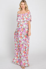 Fuchsia Floral Off Shoulder Maxi Dress