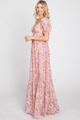 Pink Floral Sweetheart Neck Puff Sleeve Maxi Dress