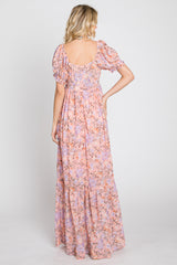 Pink Floral Sweetheart Neck Puff Sleeve Maxi Dress