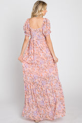 Pink Floral Sweetheart Neck Puff Sleeve Maxi Dress