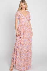 Pink Floral Sweetheart Neck Puff Sleeve Maxi Dress