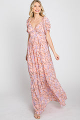 Pink Floral Sweetheart Neck Puff Sleeve Maxi Dress